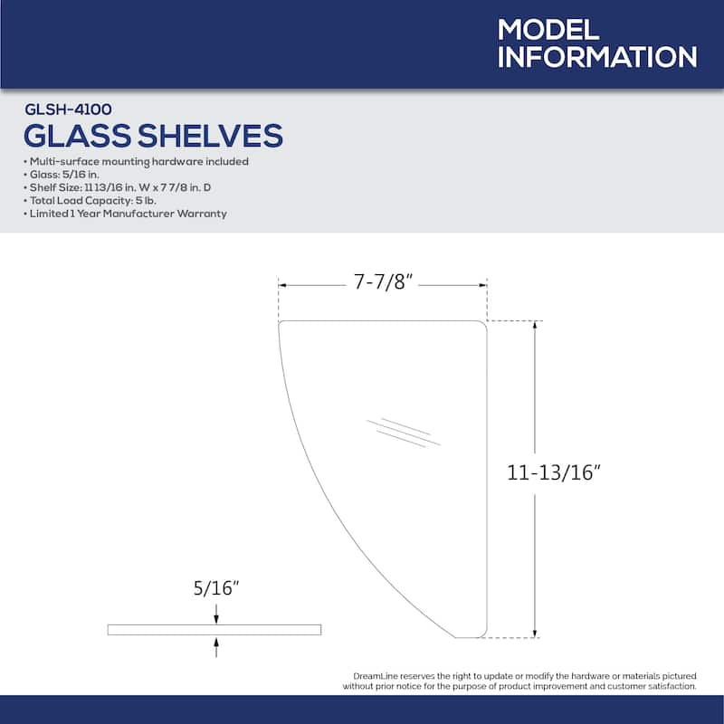 DreamLine 12 in. x 8 in. Corner Glass Shelf - 7.88" D x 11.81" W