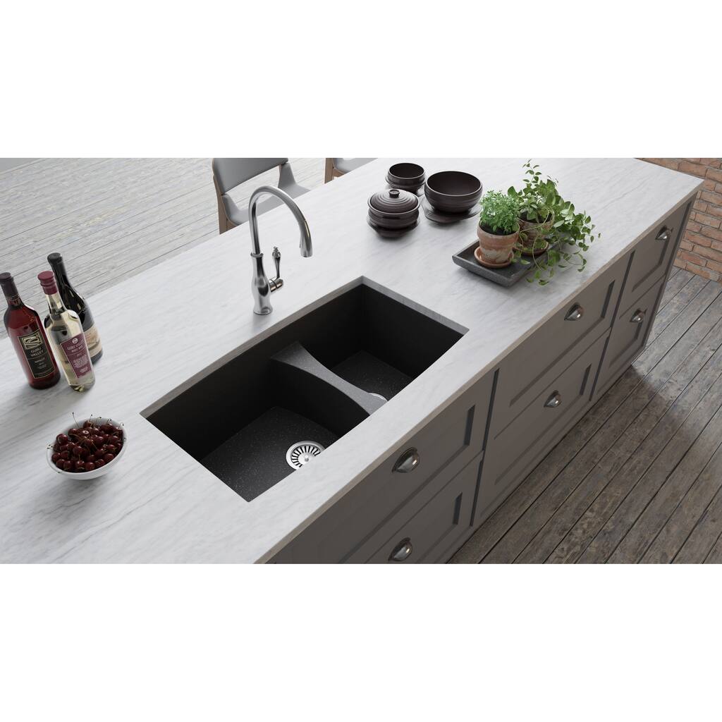Lavello Granite Composite 33" Undermount Double Bowl Kitchen Sink Biano, Black