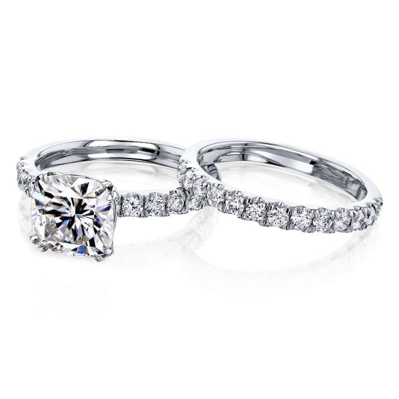 Kobelli 2.9 Carats Moissanite & Natural Diamond 14k Solid Gold Comfort Fit French Pavé Lyon 2pc Bridal Set