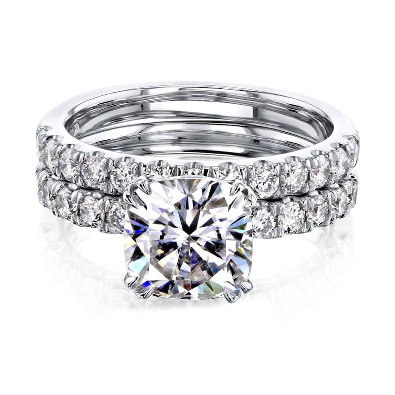 Kobelli 2.9 Carats Moissanite & Natural Diamond 14k Solid Gold Comfort Fit French Pavé Lyon 2pc Bridal Set
