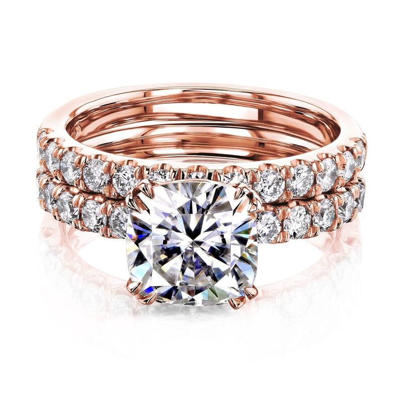 Kobelli 2.9 Carats Moissanite & Natural Diamond 14k Solid Gold Comfort Fit French Pavé Lyon 2pc Bridal Set - 6.5 - Rose