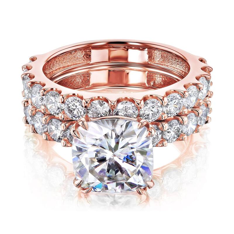Annello by Kobelli Lorraine Luxe 14k Solid Gold Moissanite and Natural Diamond Shared U-Prongs Bridal Set (HI/VS, HI/I) - 6 - Rose