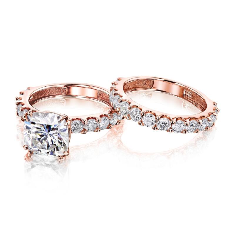 Annello by Kobelli Lorraine Luxe 14k Solid Gold Moissanite and Natural Diamond Shared U-Prongs Bridal Set (HI/VS, HI/I)