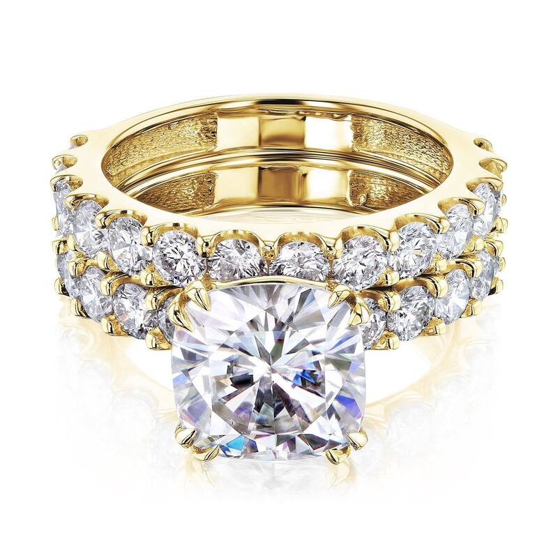 Annello by Kobelli Lorraine Luxe 14k Solid Gold Moissanite and Natural Diamond Shared U-Prongs Bridal Set (HI/VS, HI/I) - 10 - Yellow