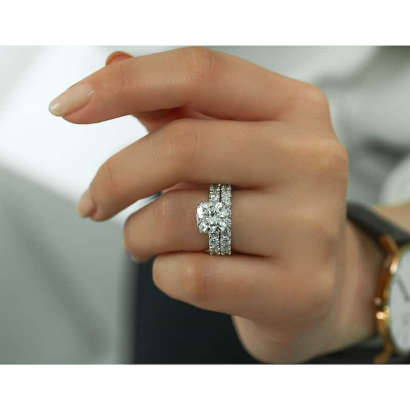 Annello by Kobelli Lorraine Luxe 14k Solid Gold Moissanite and Natural Diamond Shared U-Prongs Bridal Set (HI/VS, HI/I)