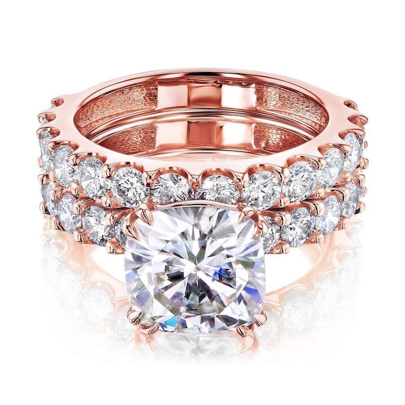 Annello by Kobelli Lorraine Luxe 14k Solid Gold Moissanite and Natural Diamond Shared U-Prongs Bridal Set (HI/VS, HI/I)