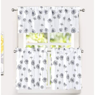 DriftAway Dandelion Floral Botanical Pattern Semi Sheer 3 Pieces Rod Pocket Kitchen Window Curtain Set