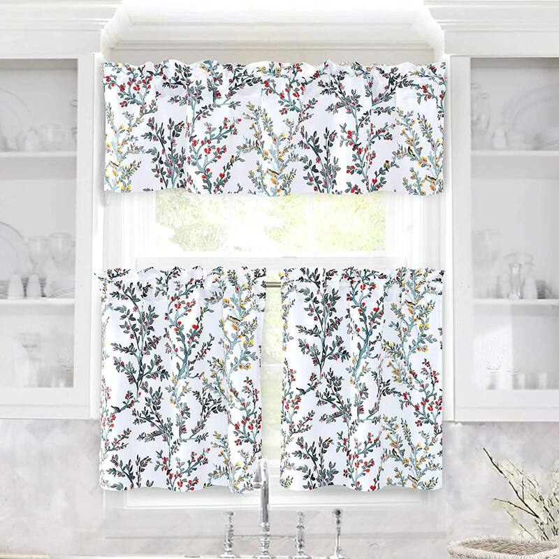 DriftAway Jasmine Watercolor Branch Botanical Semi Sheer 3 Pieces Rod Pocket Kitchen Window Curtain Set