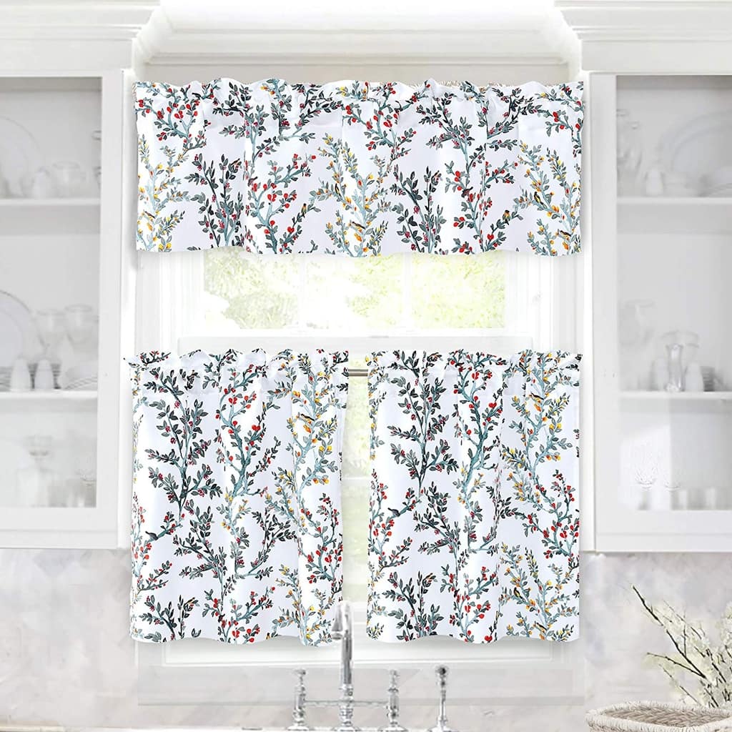 DriftAway Jasmine Watercolor Branch Botanical Semi Sheer 3 Pieces Rod Pocket Kitchen Window Curtain Set