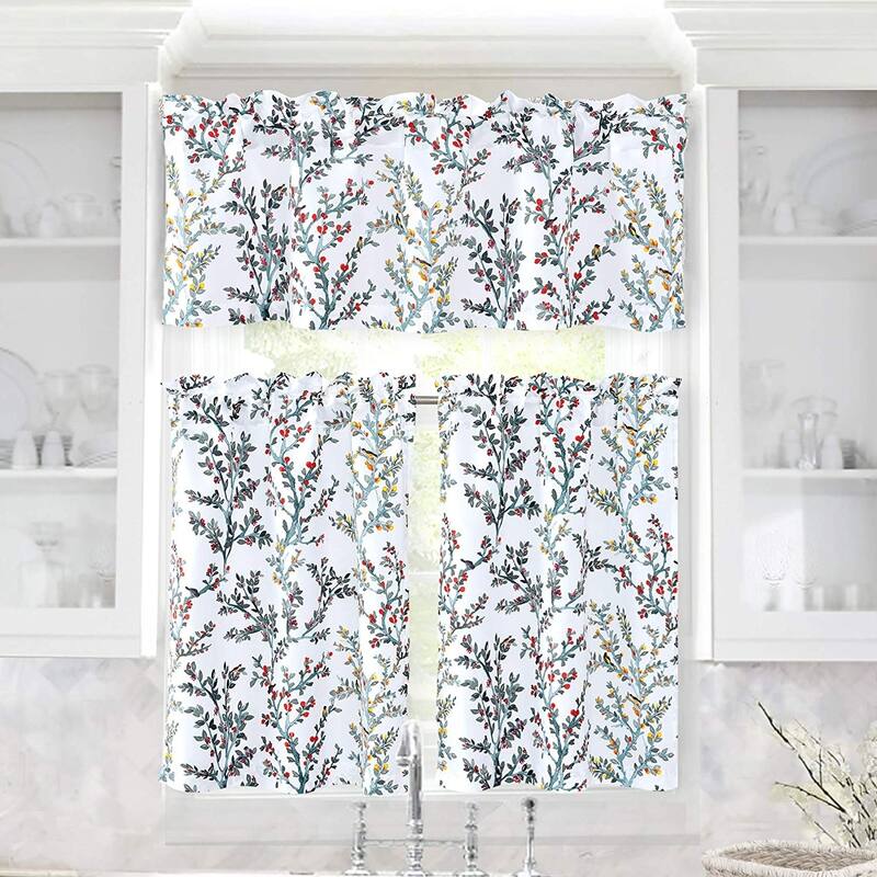 DriftAway Jasmine Watercolor Branch Botanical Semi Sheer 3 Pieces Rod Pocket Kitchen Window Curtain Set - 52'' x 18'' + 28'' x 36'' x 2 - Multi-Color
