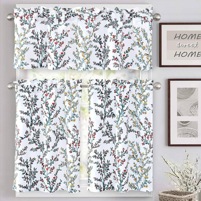 DriftAway Jasmine Watercolor Branch Botanical Semi Sheer 3 Pieces Rod Pocket Kitchen Window Curtain Set