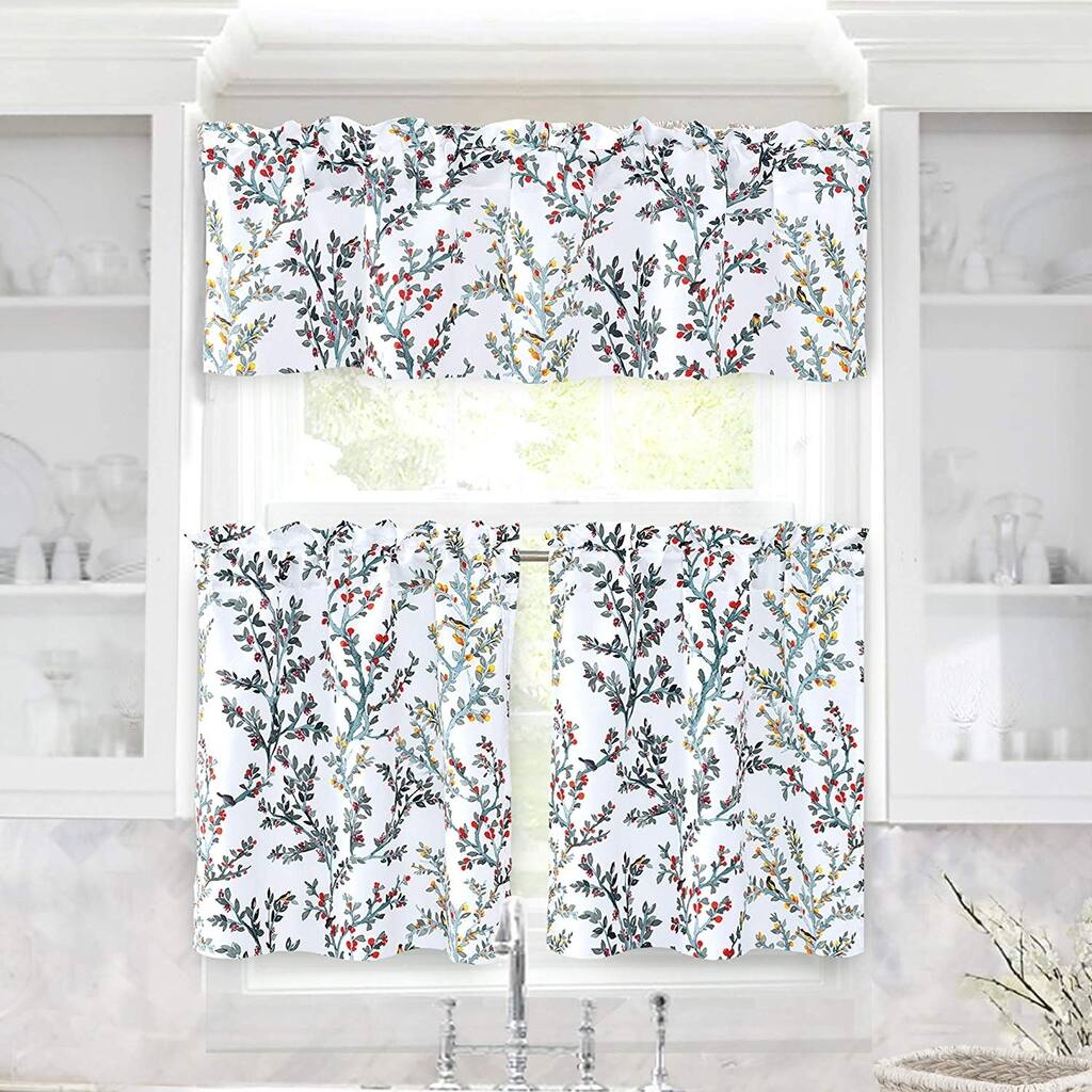 DriftAway Jasmine Watercolor Branch Botanical Semi Sheer 3 Pieces Rod Pocket Kitchen Window Curtain Set