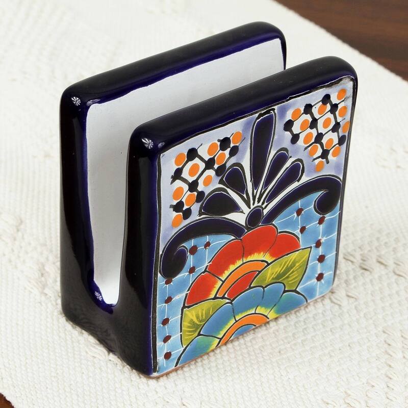 NOVICA Handmade Raining Flowers Ceramic Napkin Holder (Mexico)