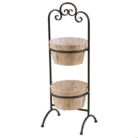Brown Two-Tier Wood Planters with Black Metal Stand