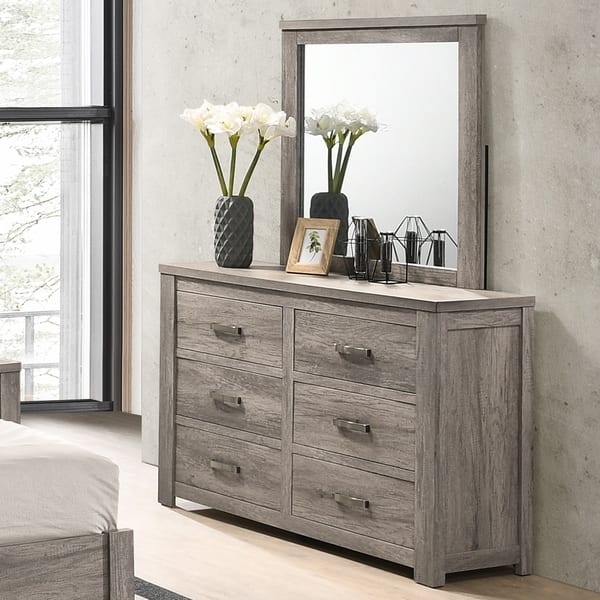 Roundhill Furniture Floren Contemporary Weathered Gray Wood 6 Drawer Dresser With Mirror Bed 5761