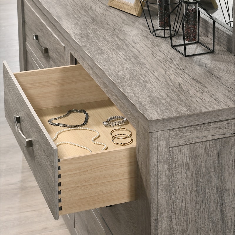 Roundhill Furniture Floren Contemporary Weathered Gray Wood Bedroom Set, Panel Bed, Dresser, Mirror, Nightstand, Chest