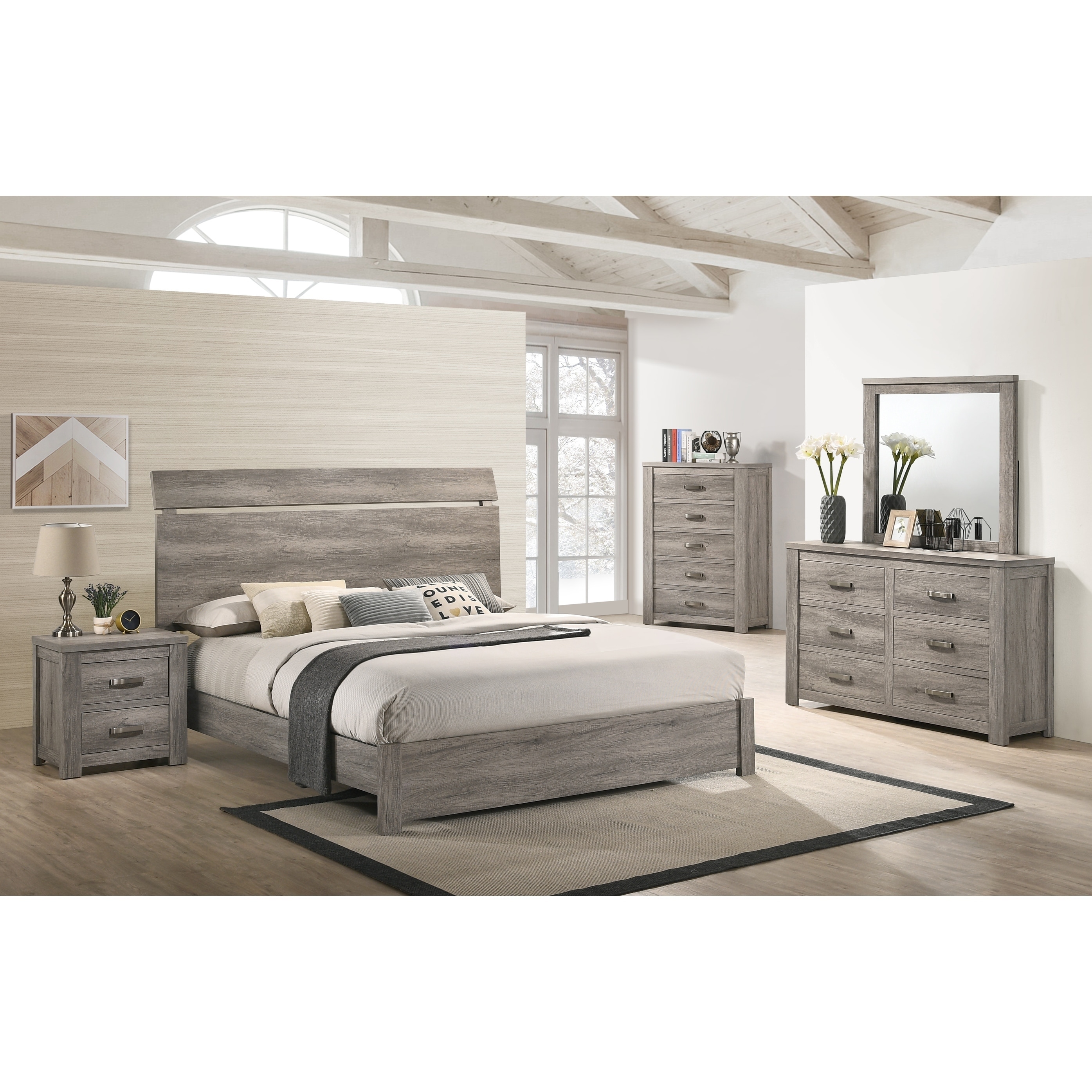 Floren Contemporary Weathered Gray Wood Bedroom Set Panel Bed Dresser Mirror Nightstand Chest 80477a2e 4432 4e0b 8d60 Ee341303ad77 