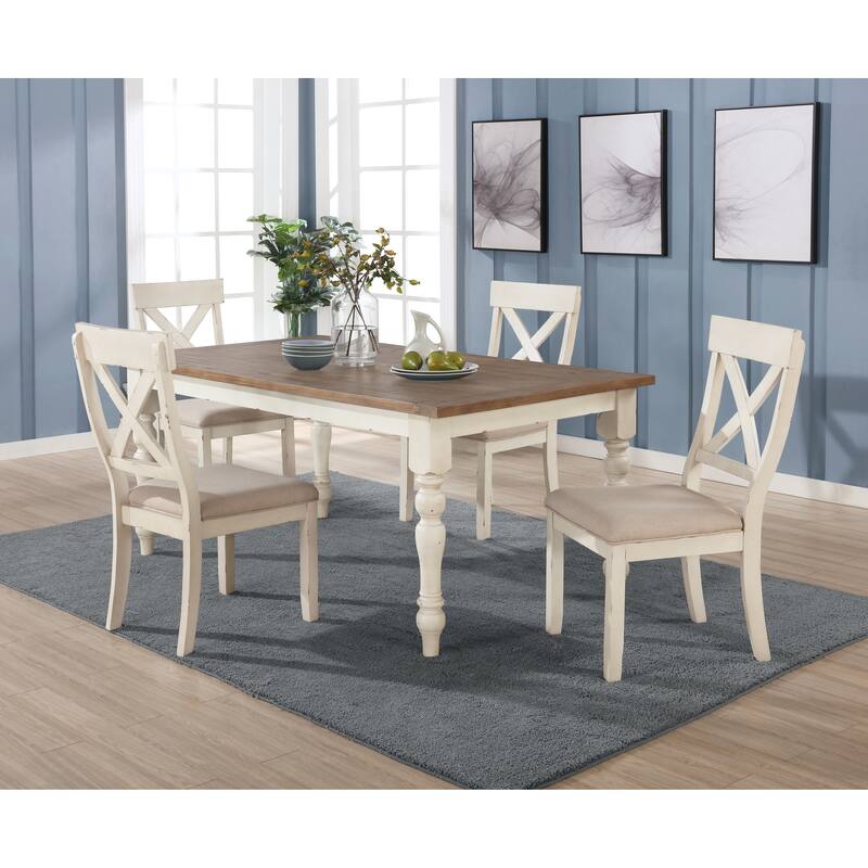 Roundhill Furniture Prato 5-piece Dining Table Set With Cross Back Chairs, Antique White and Distressed Oak