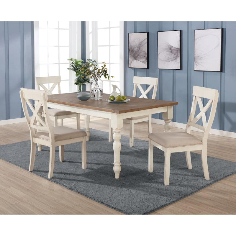 Roundhill Furniture Prato 5-piece Dining Table Set With Cross Back Chairs, Antique White and Distressed Oak