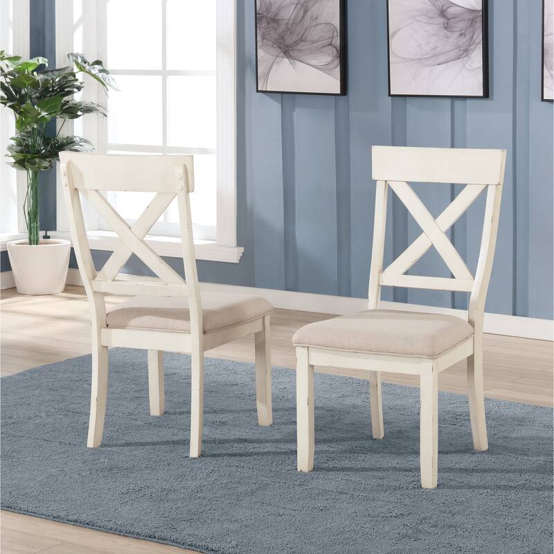 Roundhill Furniture Prato Antique White Wood Cross Back Upholstered Dining Chairs, Set of 2
