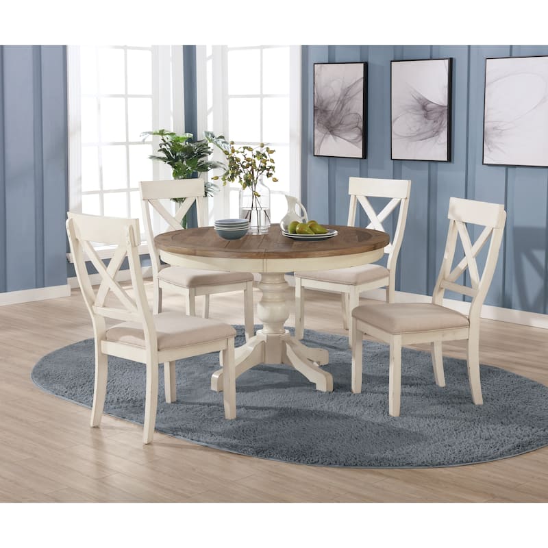 Roundhill Furniture Prato 5-Piece Round Dining Table Set with Cross Back Chairs, Antique White and Distressed Oak