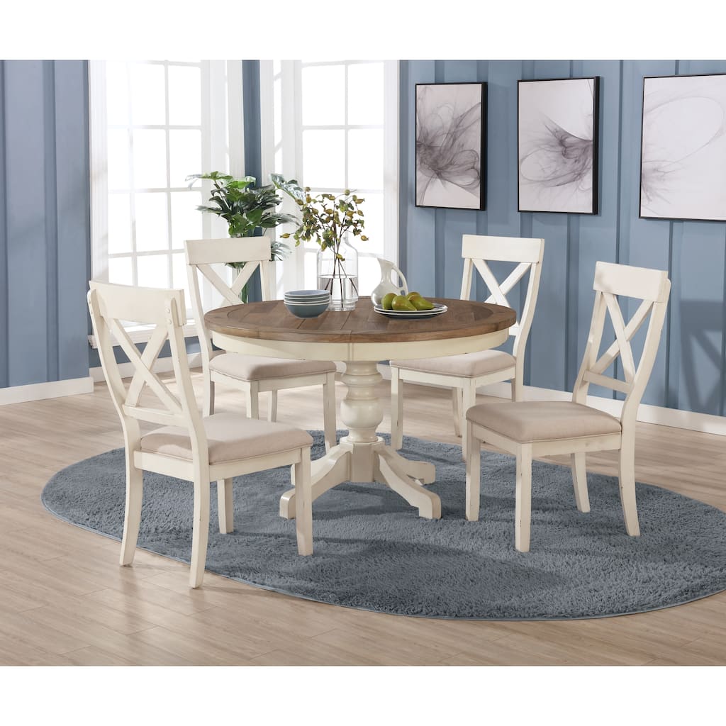 Roundhill Furniture Prato 5-Piece Round Dining Table Set with Cross Back Chairs, Antique White and Distressed Oak
