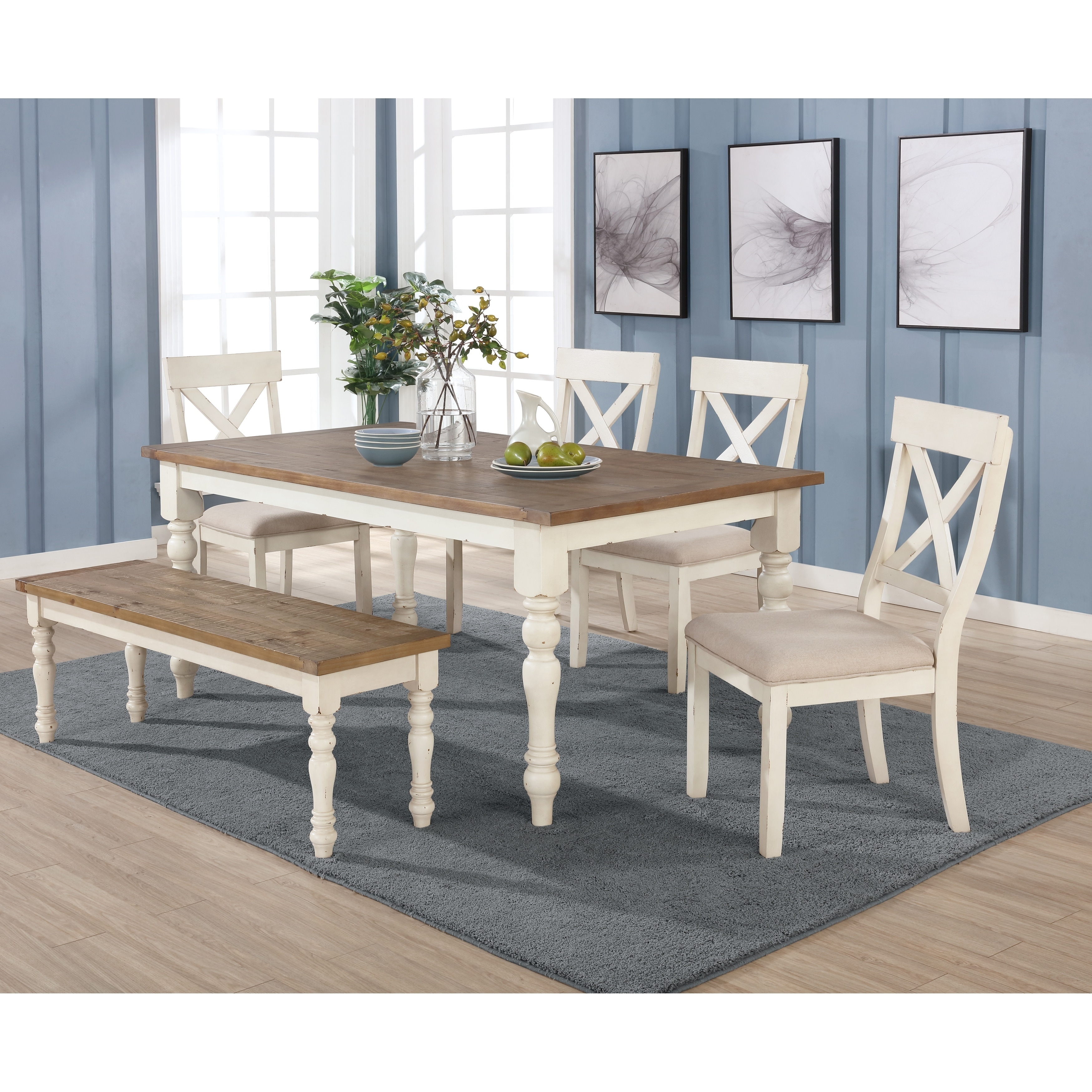 Prato Antique White Distressed Oak 6 Piece Dining Table Set