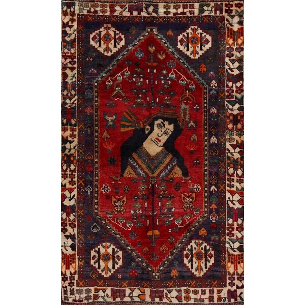 Vintage Tribal Pictorial Shiraz Persian Area Rug Handmade Carpet - 3'5" x 4'9". Opens flyout.