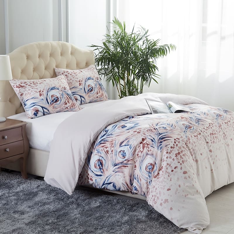 Pretty Floral 3-piece Duvet Cover Set - Peacock Feather - Queen