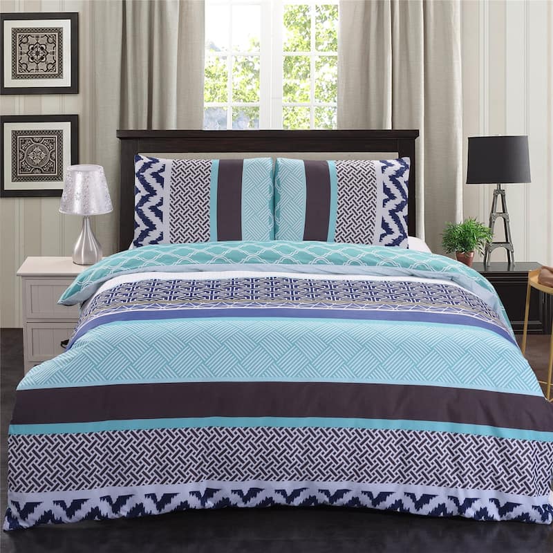 3-piece Reversible Duvet Cover Set Geometric Strip Pattern