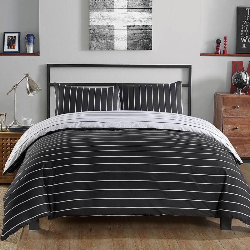 3-piece Reversible Duvet Cover Set Geometric Strip Pattern