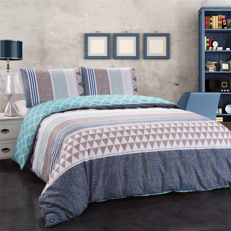 3-piece Reversible Duvet Cover Set Geometric Strip Pattern - Blue Grey - King