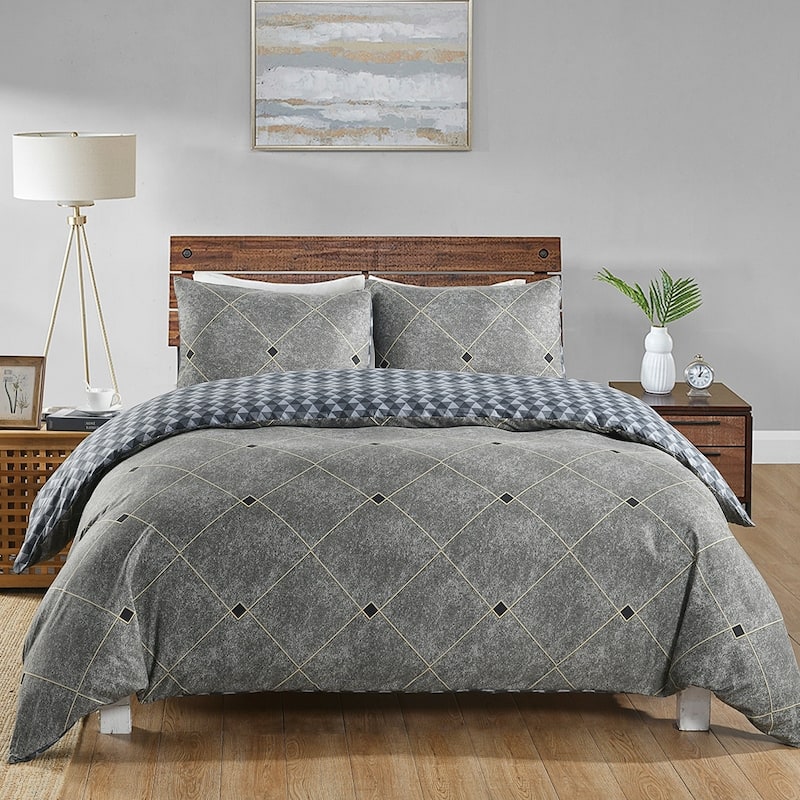 3-piece Reversible Duvet Cover Set Geometric Strip Pattern - Grey - Queen