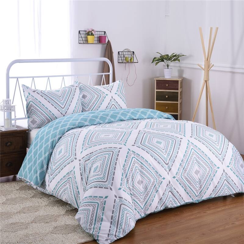 3-piece Reversible Duvet Cover Set Geometric Strip Pattern - Light Blue - Queen