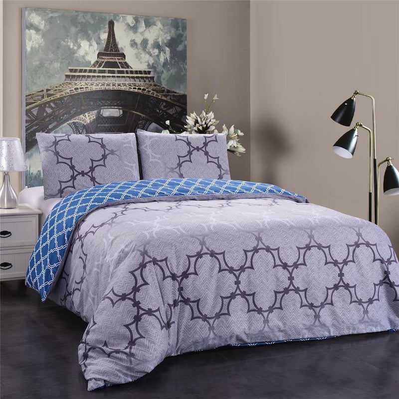 3-piece Reversible Duvet Cover Set Geometric Strip Pattern - Blue Silver - King