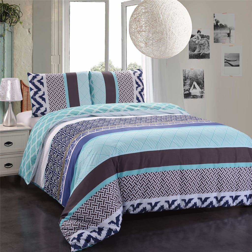 3-piece Reversible Duvet Cover Set Geometric Strip Pattern
