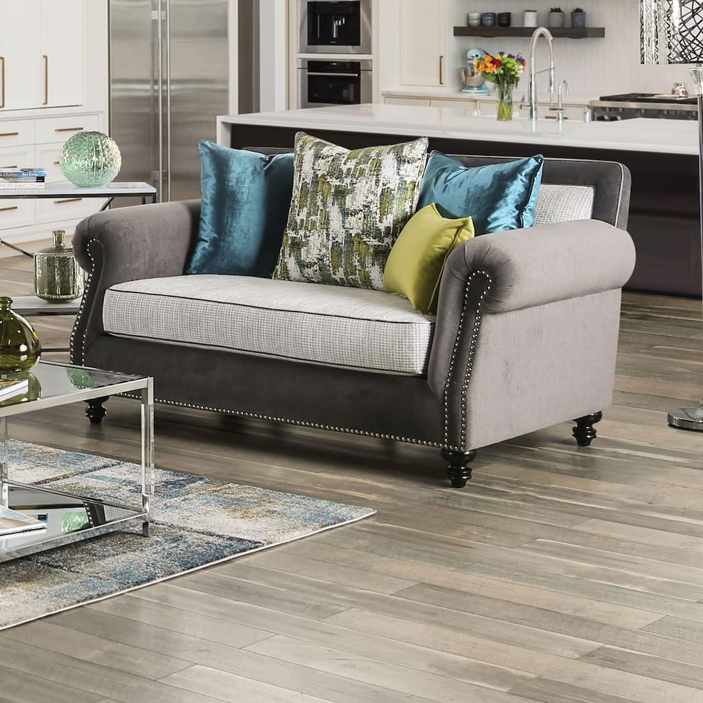 Brin Transitional Grey Solid Wood Padded Loveseat by Furniture of America