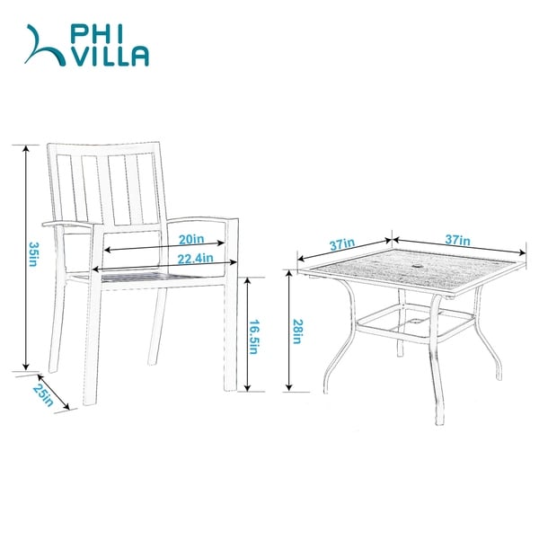 PHI VILLA Patio Wood-Like Square Table and Chairs Dining Set