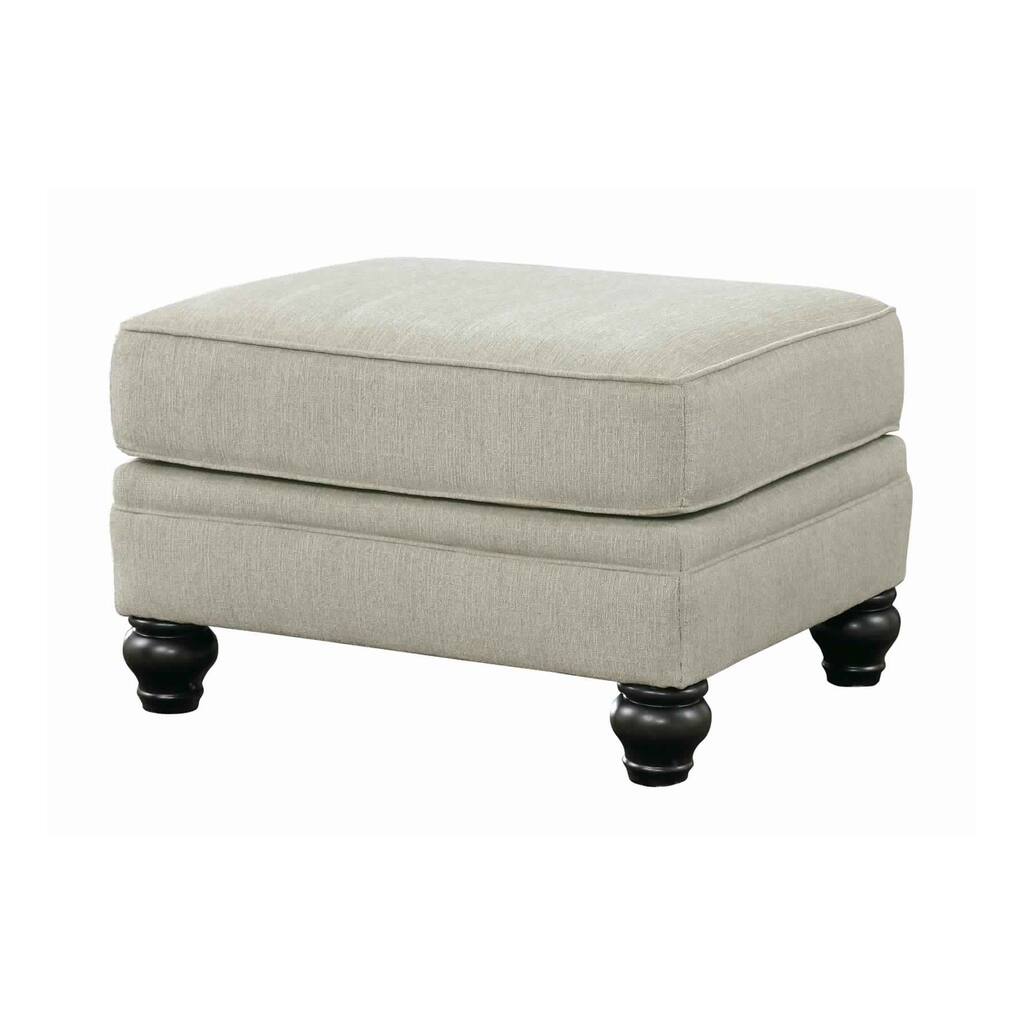 Fabric Upholstered Ottoman with Turned Legs, Light Gray and Black