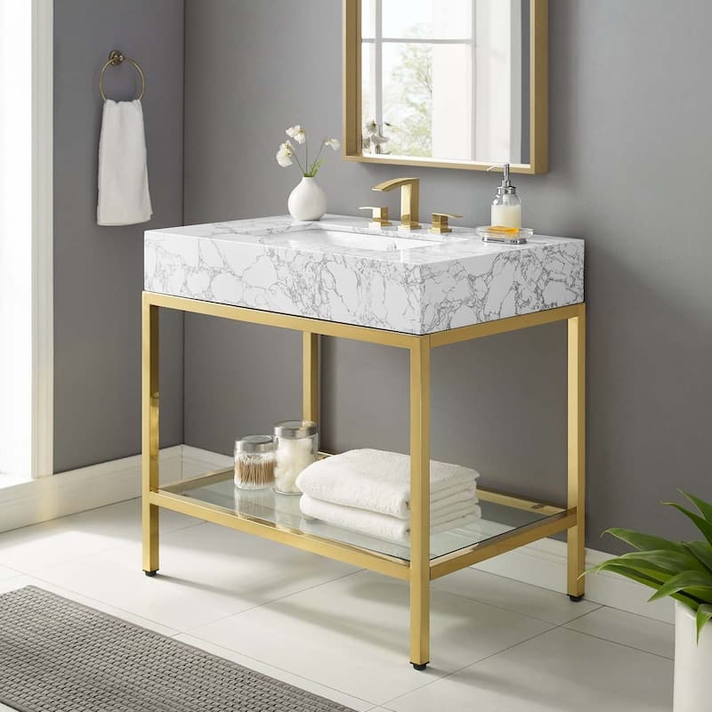 Kingsley 36" Gold Stainless Steel Bathroom Vanity - Gold White