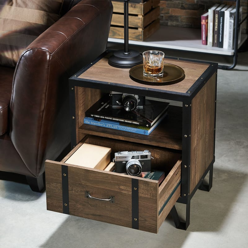 DH BASIC Industrial Oak 17-inch Metal 1-Drawer End Table by Denhour
