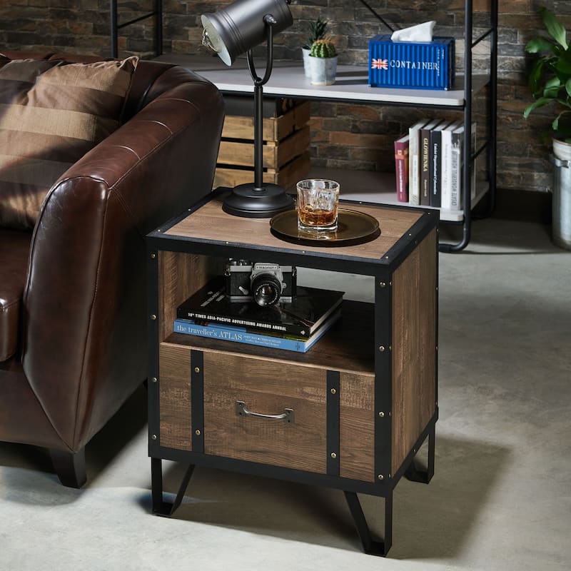 DH BASIC Industrial Oak 17-inch Metal 1-Drawer End Table by Denhour