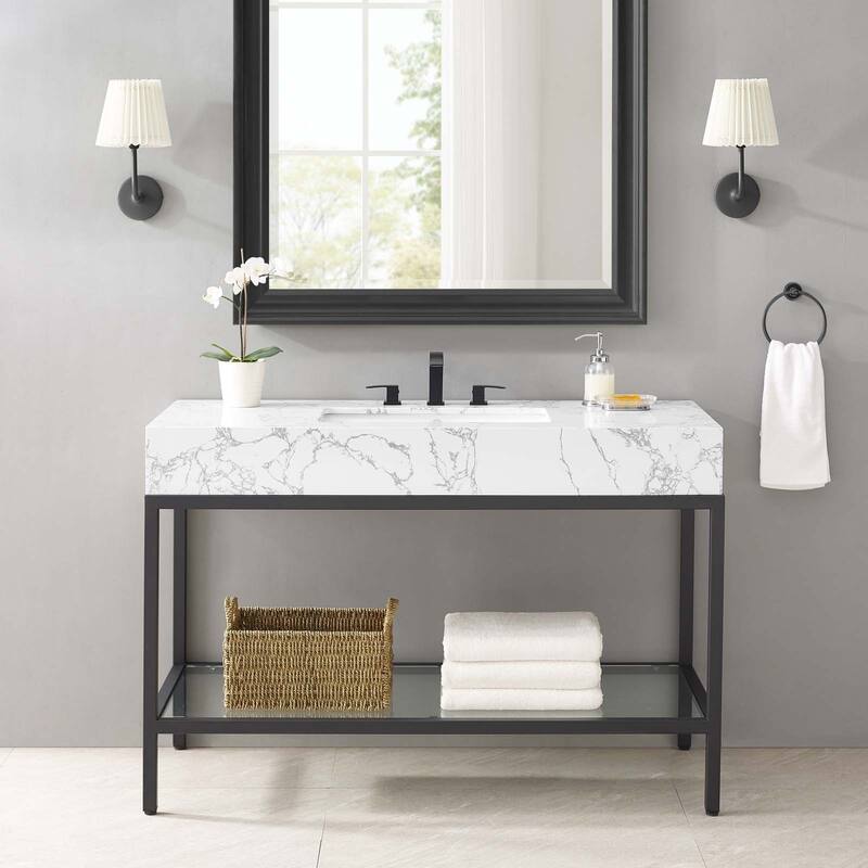 Kingsley 50" Black Stainless Steel Bathroom Vanity - Black White