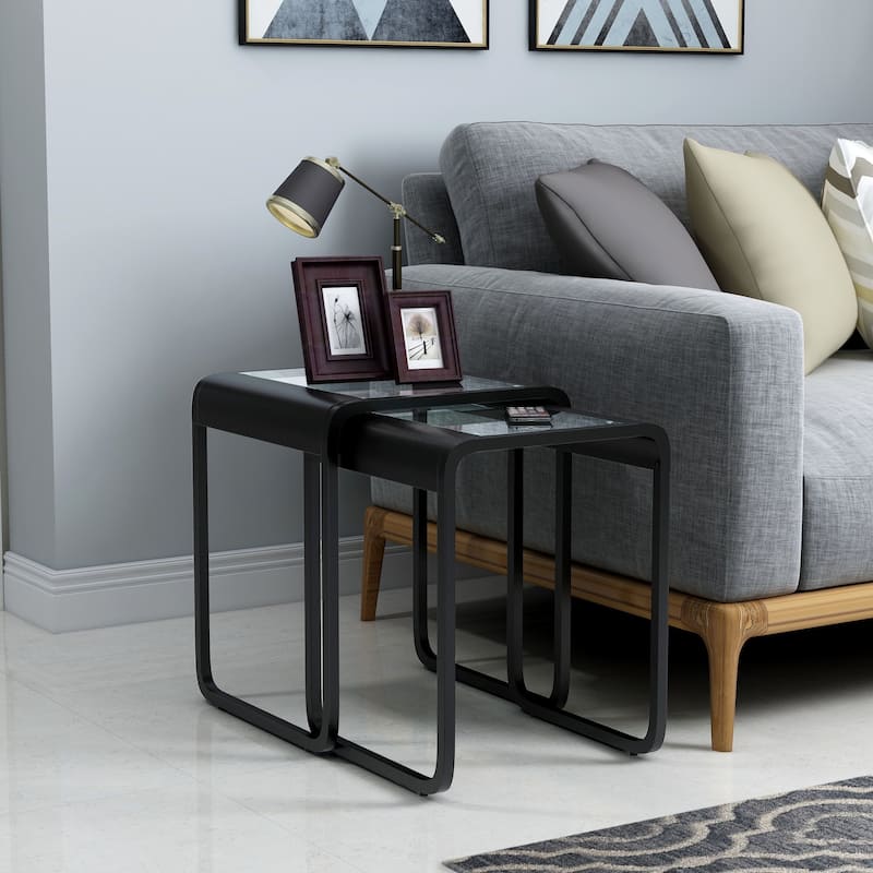 Roux Modern Black 18-inch Glass Top 2-Piece Nesting Table Set by Furniture of America