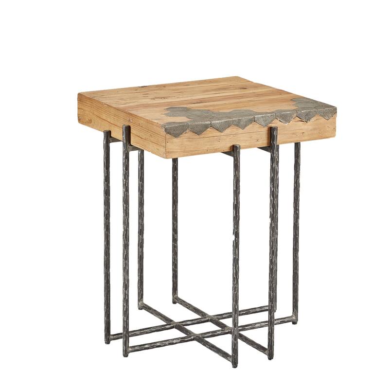 Hamburg Geometric Blue Stone & Pine End Table with Iron Base