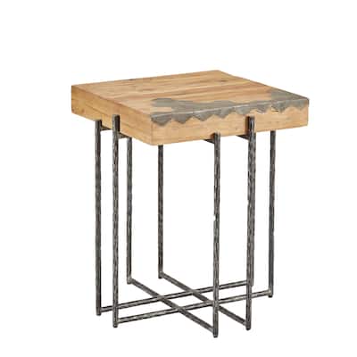 Hamburg Geometric Blue Stone & Pine End Table with Iron Base