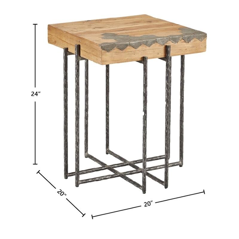Hamburg Geometric Blue Stone & Pine End Table with Iron Base