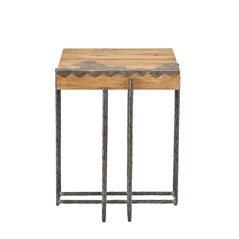 Hamburg Geometric Blue Stone & Pine End Table with Iron Base