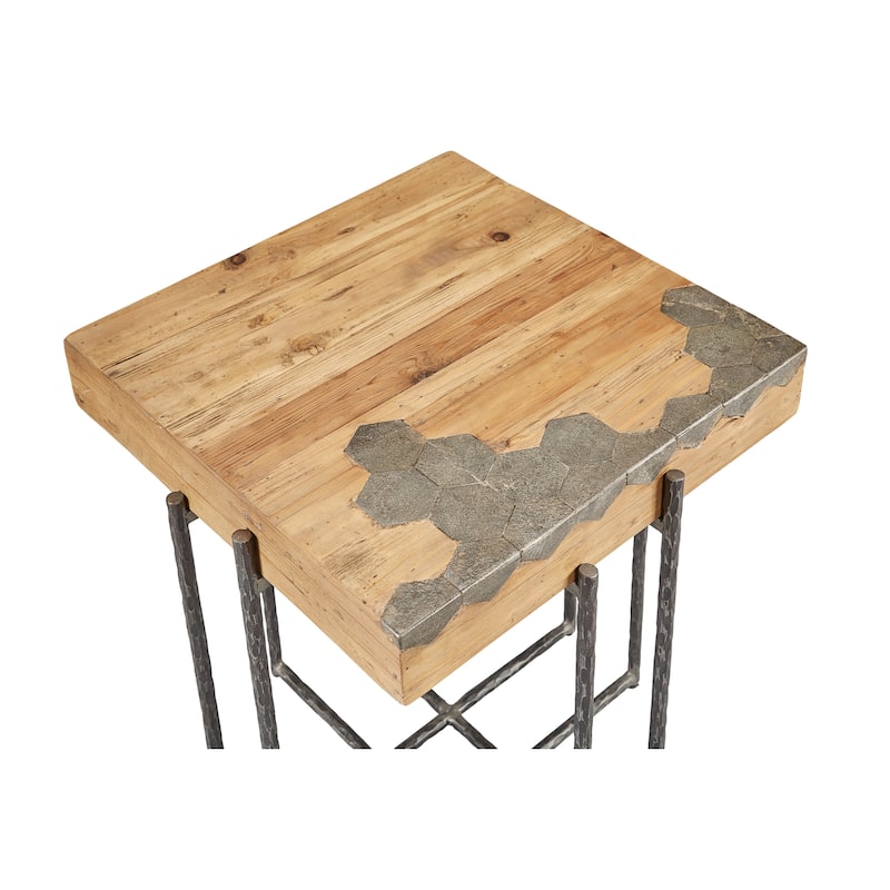 Hamburg Geometric Blue Stone & Pine End Table with Iron Base