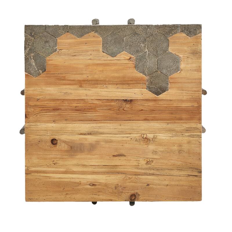 Hamburg Geometric Blue Stone & Pine End Table with Iron Base